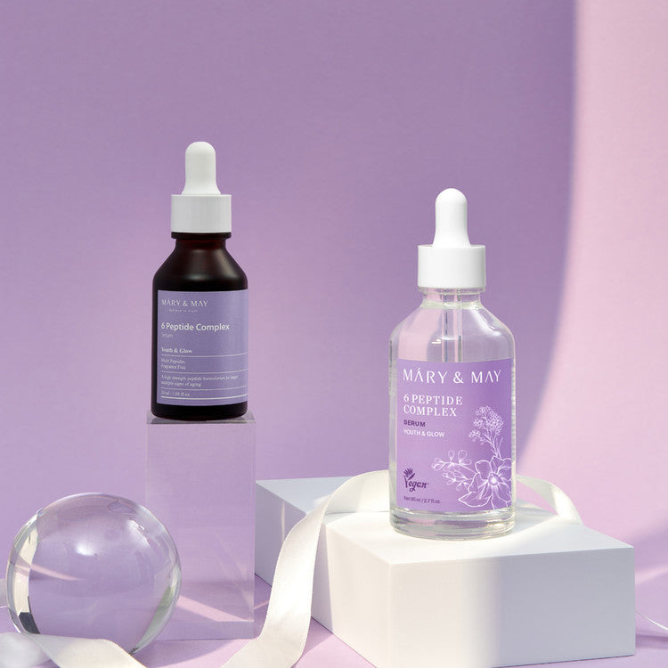 MARY&MAY 6 Peptide Complex Serum 80ml products on display with a purple background highlighting skincare benefits.