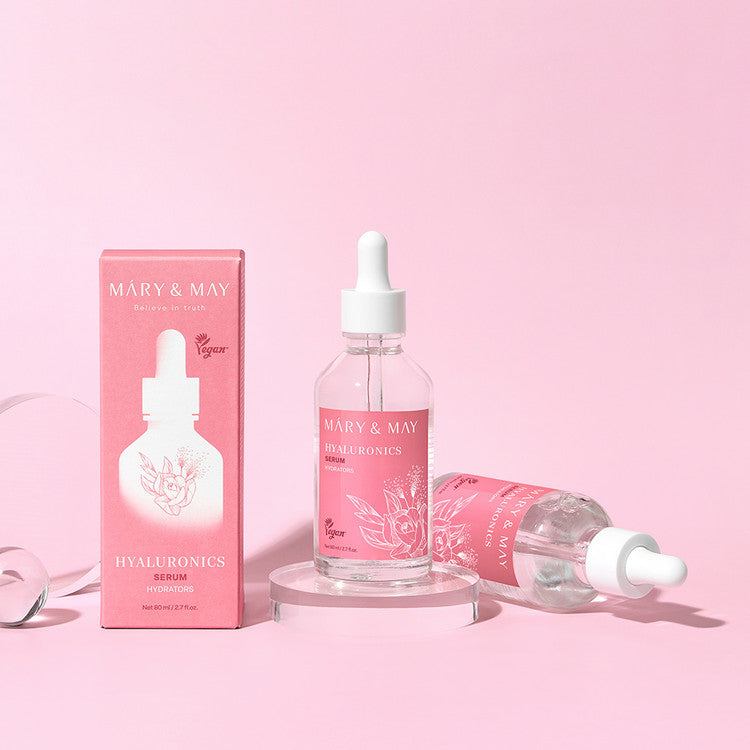 MARY&MAY Hyaluronic Serum 80ml with dropper and box in pink packaging for skincare hydration