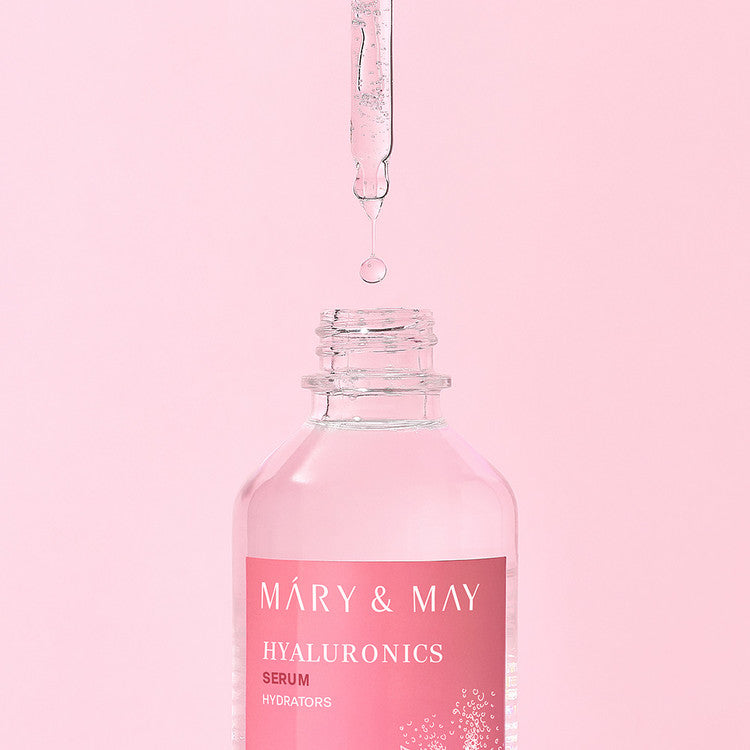 MARY&MAY Hyaluronic Serum 80ml with dropper, pink background