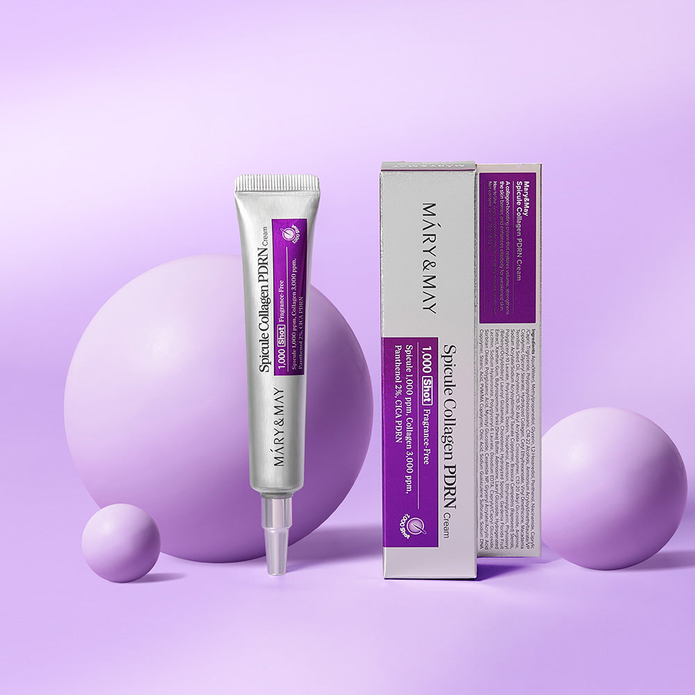 MARY&MAY Speckle Collagen PDRN Cream 15g with packaging displayed on a purple background