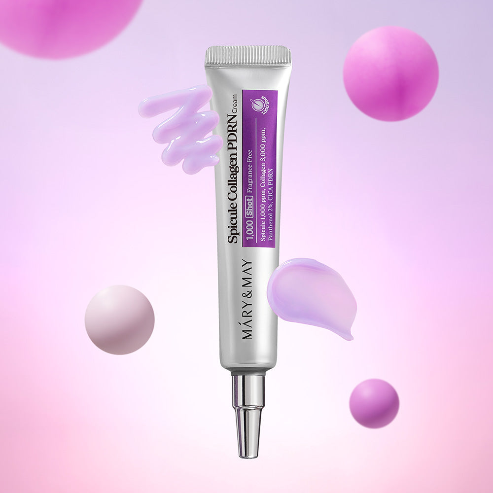 MARY&MAY Speckle Collagen PDRN Cream 15g tube with pink and purple background.