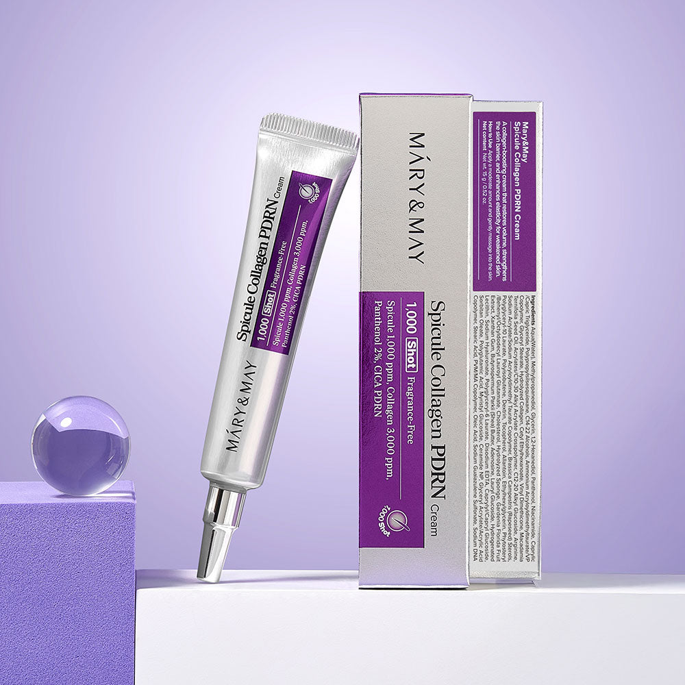 MARY&MAY Speckle Collagen PDRN Cream 15g with box, anti-aging skincare product, purple background