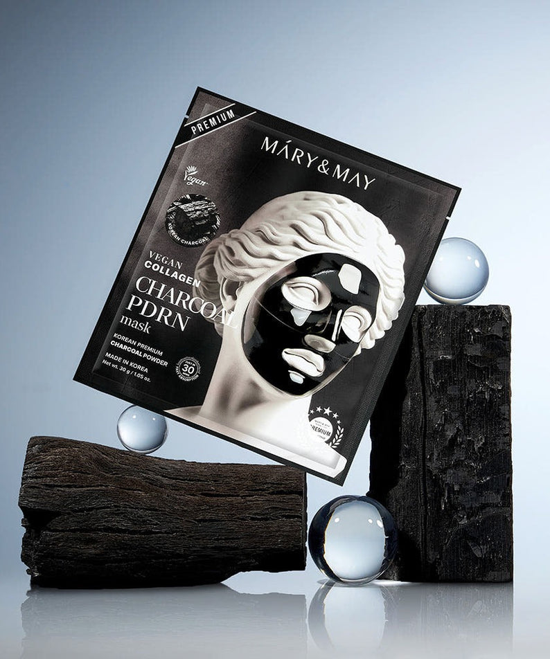 MARY&MAY Vegan Collagen Charcoal PDRN Gel Mask (4 Sheets), luxury skincare packaging displayed with elegant aesthetics.