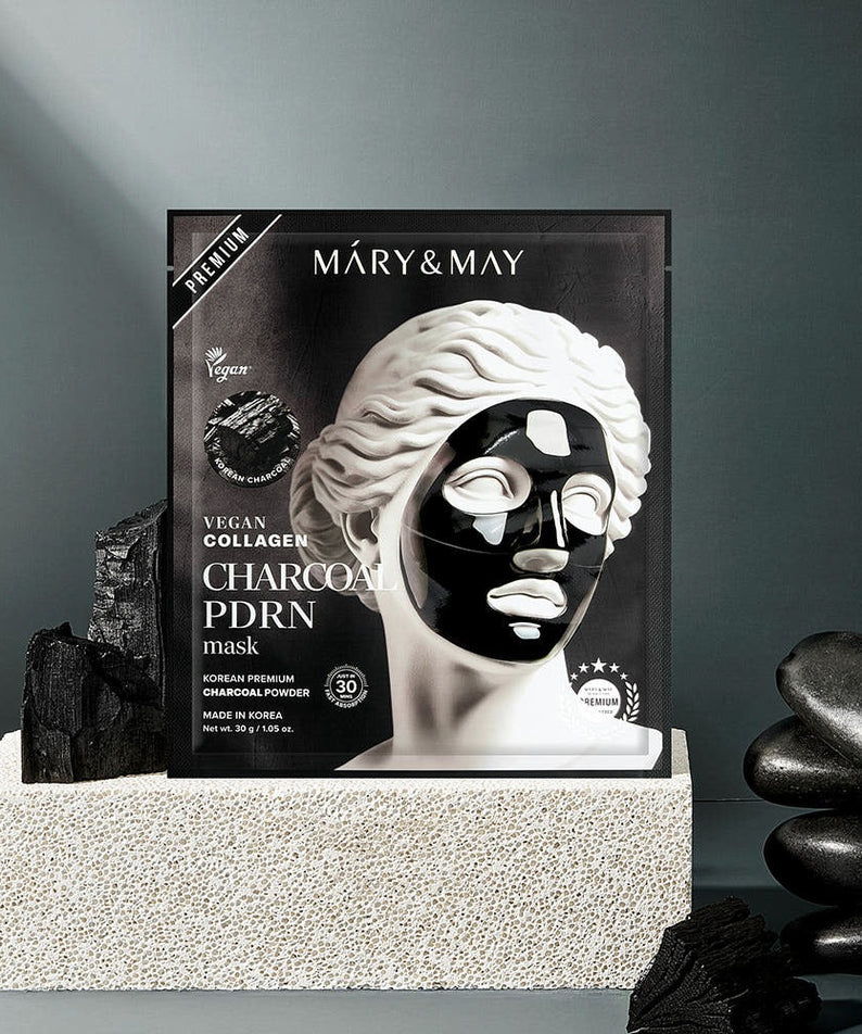 MARY&MAY Vegan Collagen Charcoal PDRN Gel Mask (4 Sheets) packaging with charcoal and mask illustration on display.