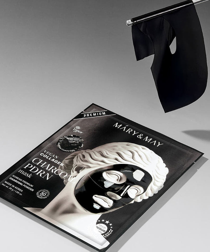 MARY&MAY Vegan Collagen Charcoal PDRN Gel Mask (4 Sheets) packaging on display with charcoal mask illustration.