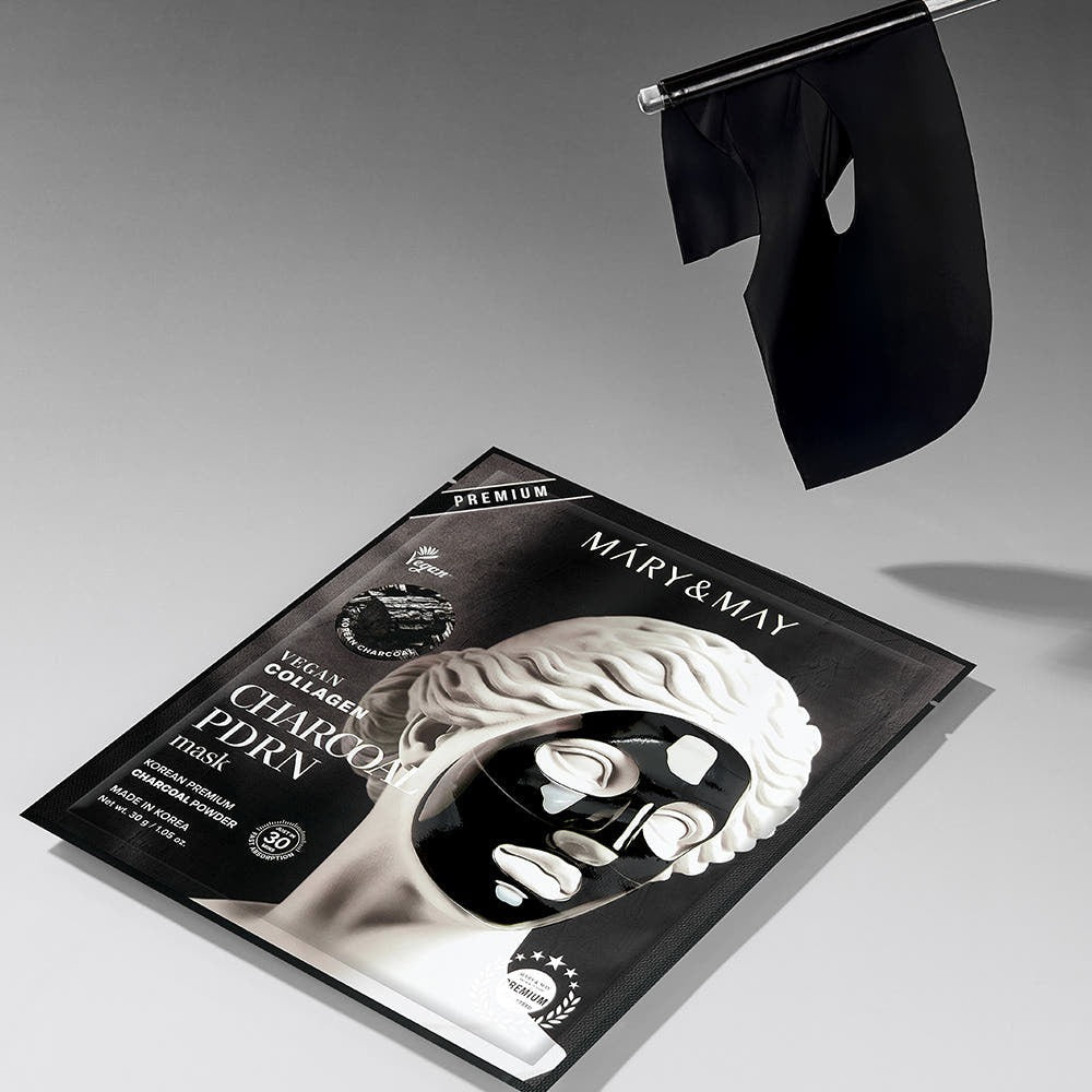 MARY&MAY Vegan Collagen Charcoal PDRN Gel Mask (4 Sheets) packaging on display with charcoal mask illustration.