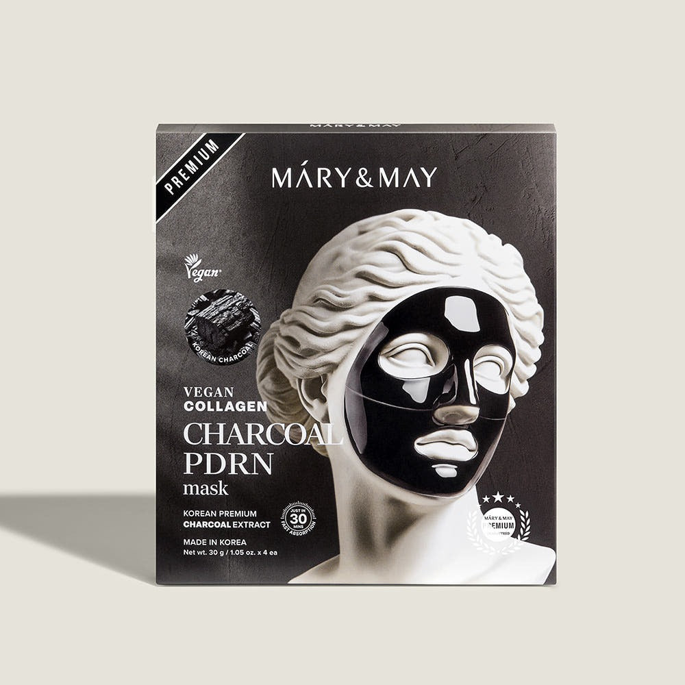 Box of MARY&MAY Vegan Collagen Charcoal PDRN Gel Mask (4 Sheets), featuring a sculpted face with a black mask on the packaging.