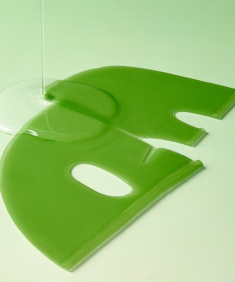 Green gel mask from MARY&MAY Vegan Collagen Fresh Aloe Gel Mask (4 sheets) shown with aloe gel on a green background