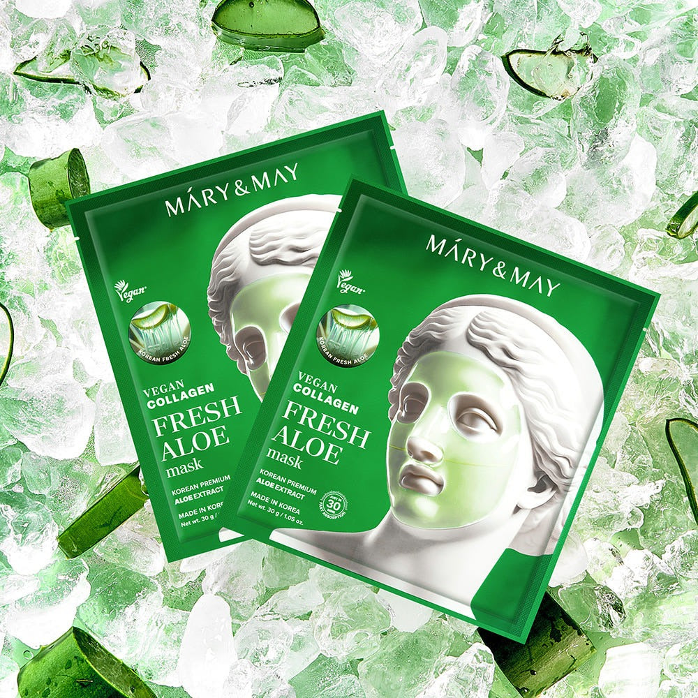 MARY&MAY Vegan Collagen Fresh Aloe Gel Mask (4 sheets) packaging with aloe background