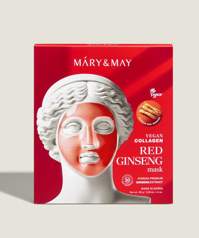 Image of MARY&MAY Vegan Collagen Red Ginseng Gel Mask (4 sheets) packaging.
