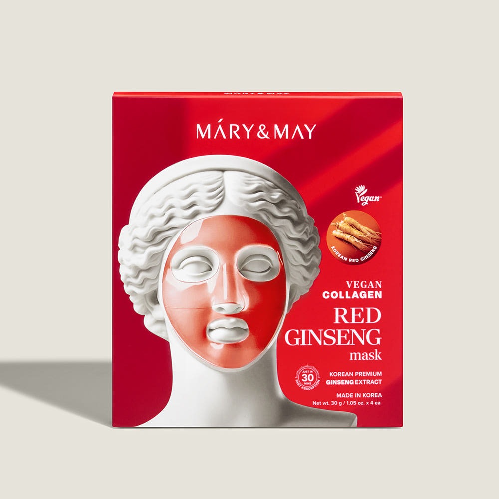 Image of MARY&MAY Vegan Collagen Red Ginseng Gel Mask (4 sheets) packaging.