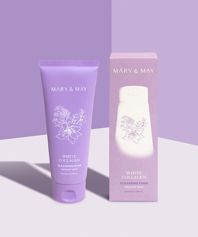 MARY&MAY White Collagen Cleansing Foam 150ml packaging showing front view and boxed side, against a purple background.