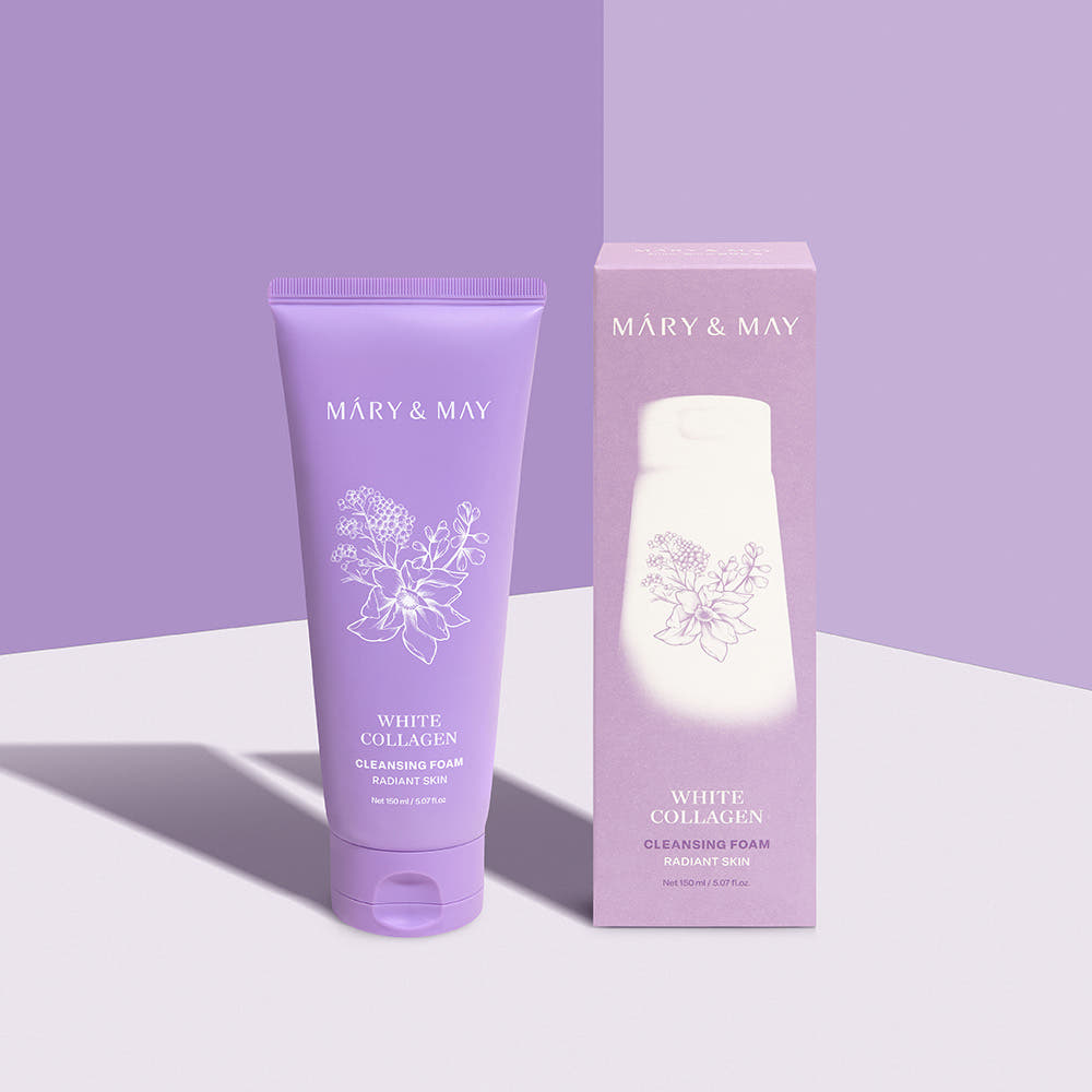 MARY&MAY White Collagen Cleansing Foam 150ml packaging showing front view and boxed side, against a purple background.