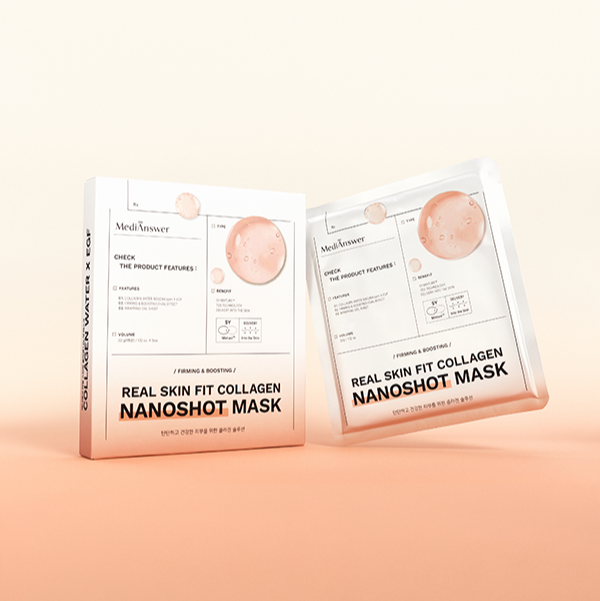 Packaging of MEDIANSWER Real Skin Fit Collagen Nanoshot Mask 5 sheets, a skincare product designed for firming and boosting vitality.