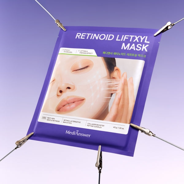 Close-up of MEDIANSWER Retinoid Liftsil Mask (4 sheets) packaging against a gradient background.