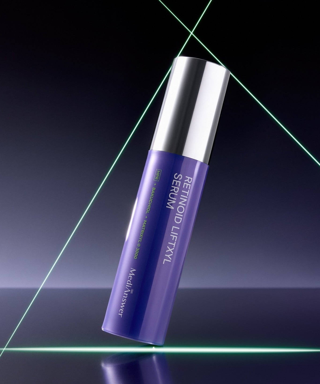 MEDIANSWER Retinoid Liftsil Serum 30ml in a sleek purple bottle with silver cap on a reflective surface.