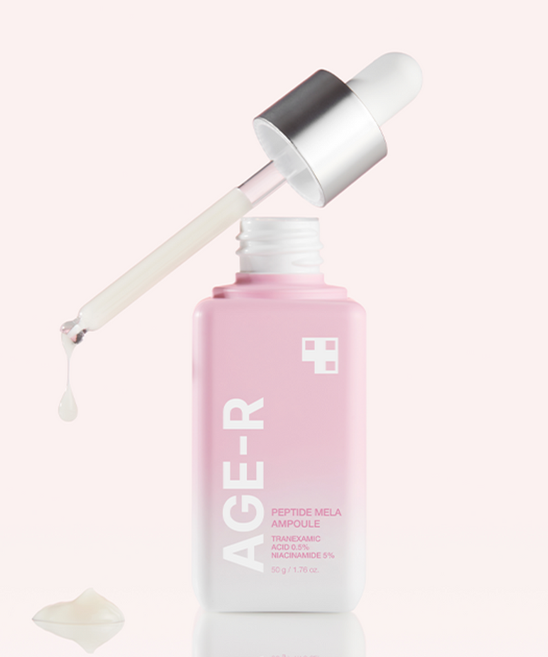MEDICUBE AGE-R Peptide Mela Ampoule 50g with dropper, showcasing skincare serum texture