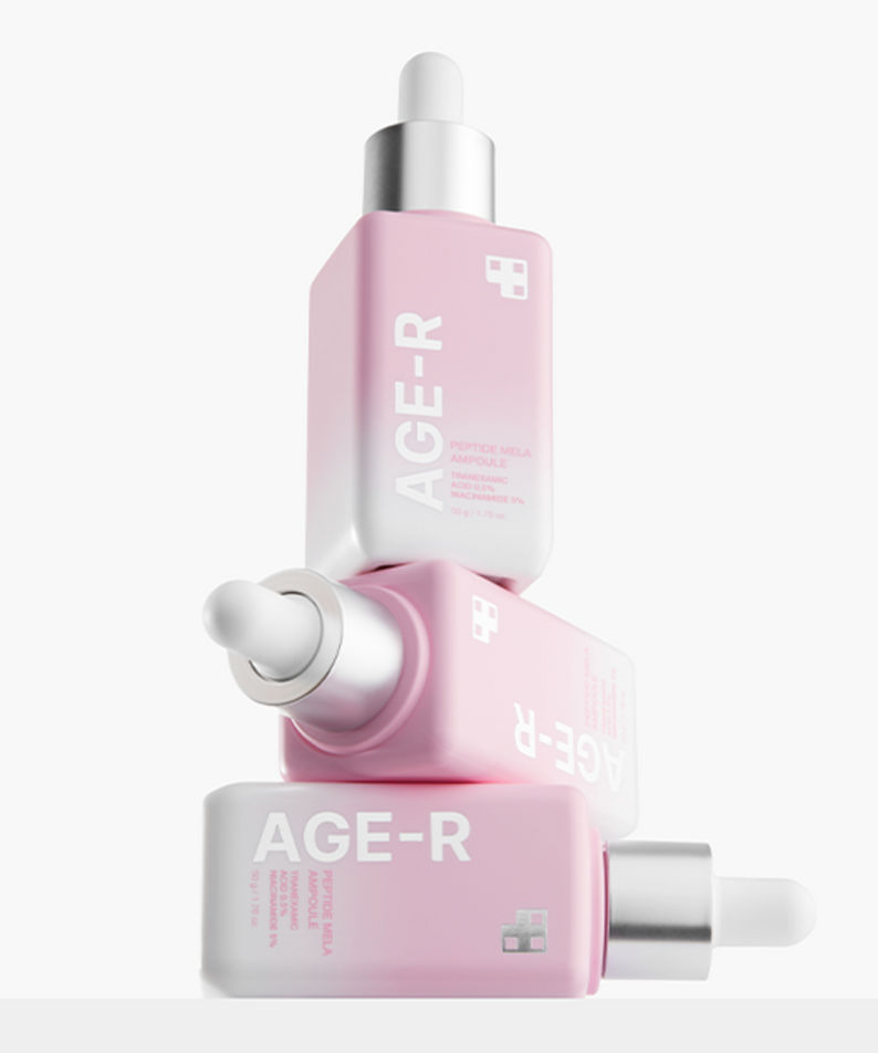 MEDICUBE AGE-R Peptide Mela Ampoule 50g displayed in three stacked bottles with droppers against a white background.