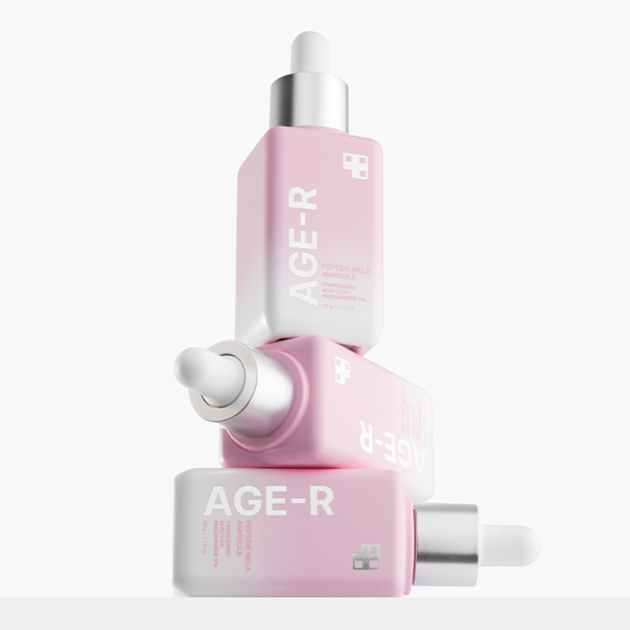 MEDICUBE AGE-R Peptide Mela Ampoule 50g displayed in three stacked bottles with droppers against a white background.