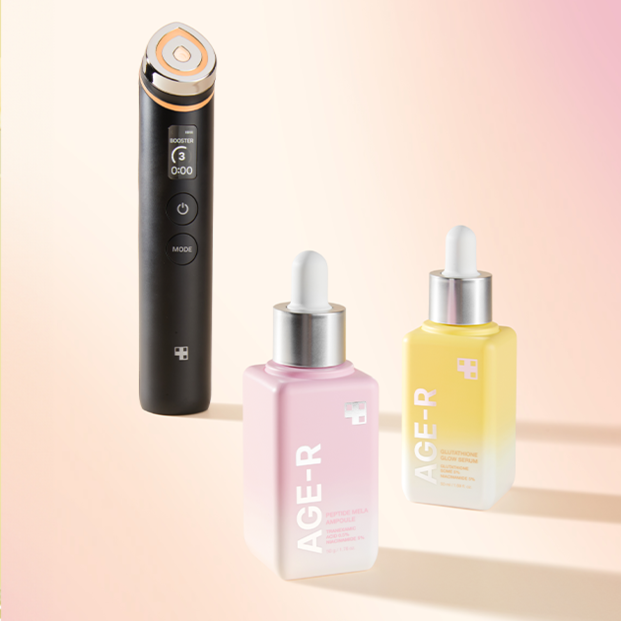 MEDICUBE AGE-R Peptide Mela Ampoule 50g with serum bottles on a pink gradient background