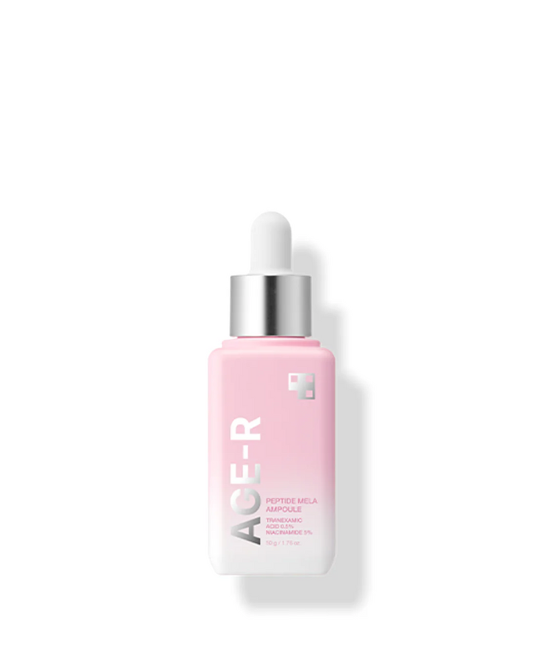 MEDICUBE AGE-R Peptide Mela Ampoule 50g skincare product in a pink bottle with dropper