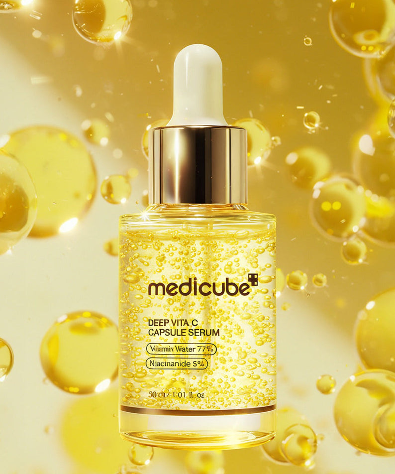 MEDICUBE Deep Vita C Capsule Serum 50ml bottle with vibrant yellow serum and bubbles