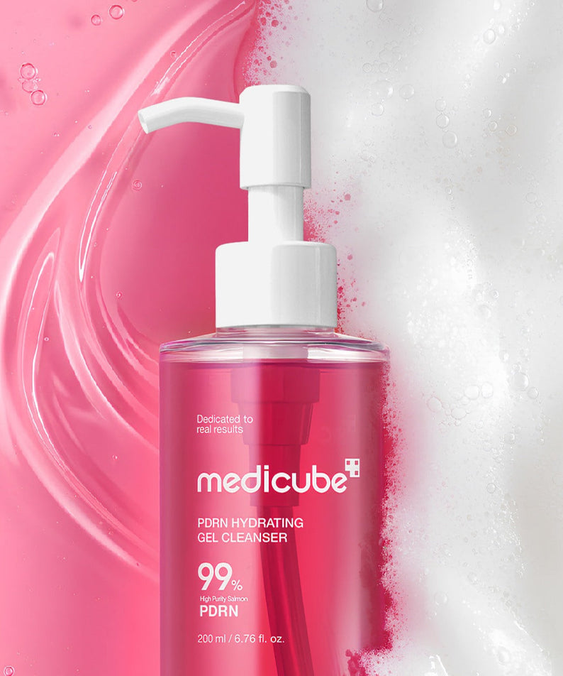 MEDICUBE PDRN Gel-To-Foam Cleanser 200ml bottle with foamy texture in background