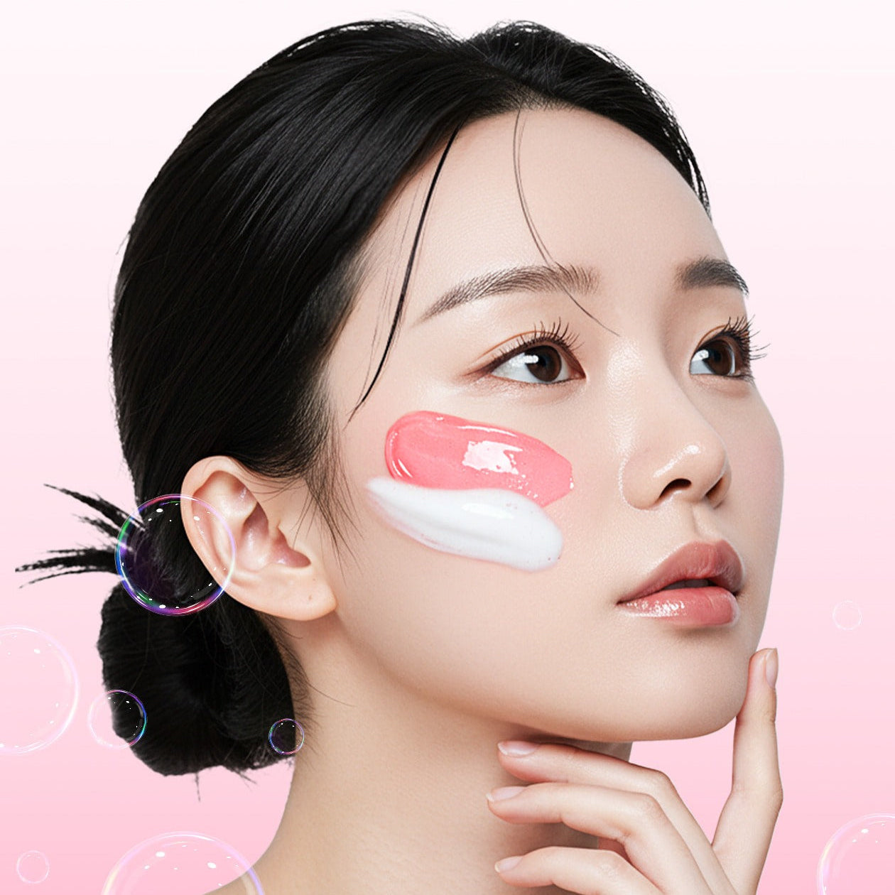 Woman applying MEDICUBE PDRN Gel-To-Foam Cleanser 200ml on face, soothing skincare treatment on pink background