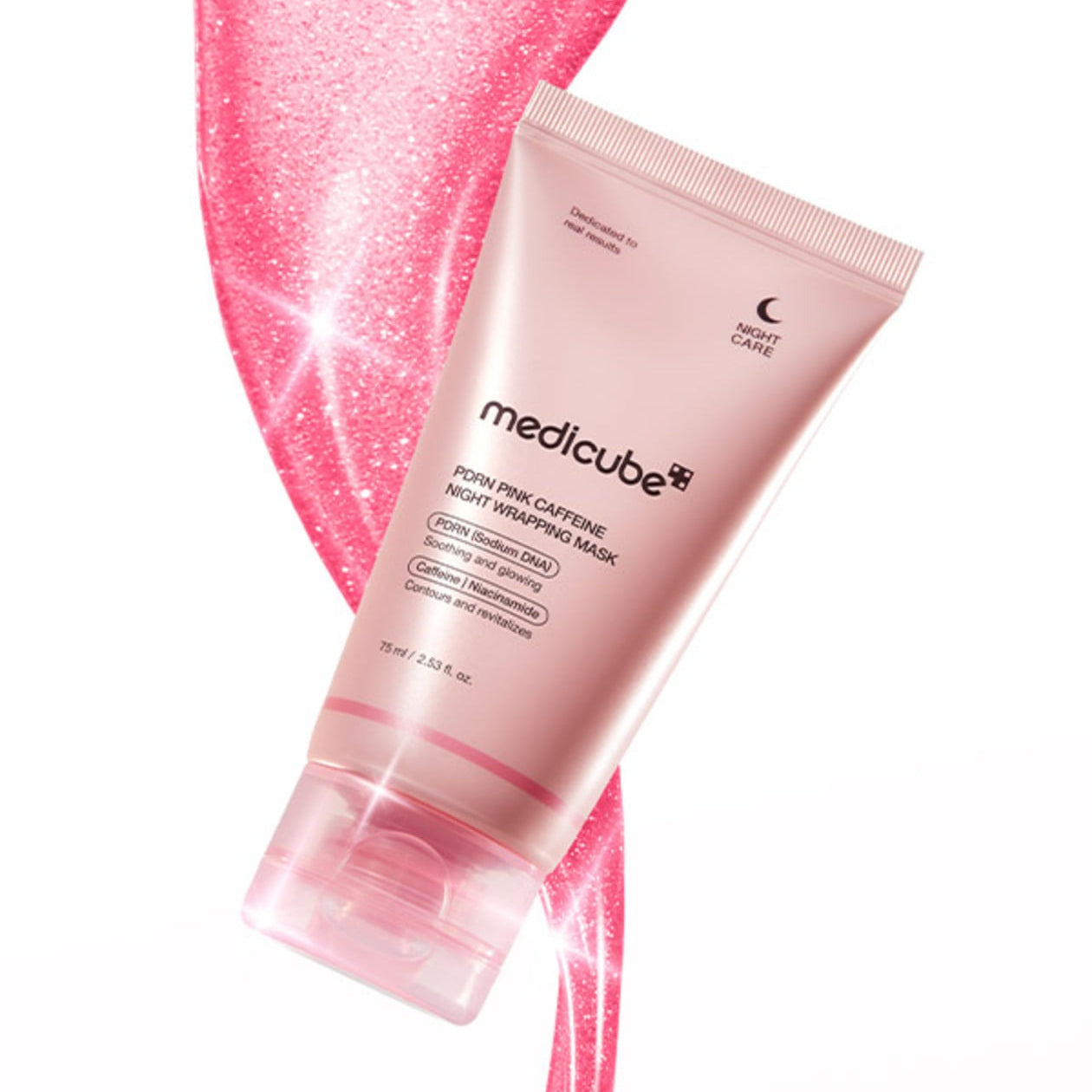 MEDICUBE PDRN Pink Caffeine Night Wrapping Mask 75ml product image with pink sparkle background