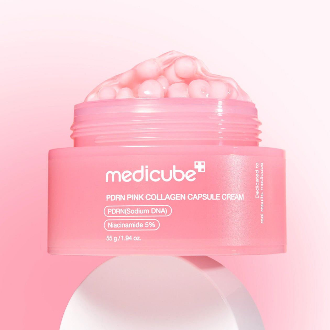 MEDICUBE PDRN Pink Collagen Capsule Cream 55g product image with open jar showing pink capsules, enhancing skincare and hydration.