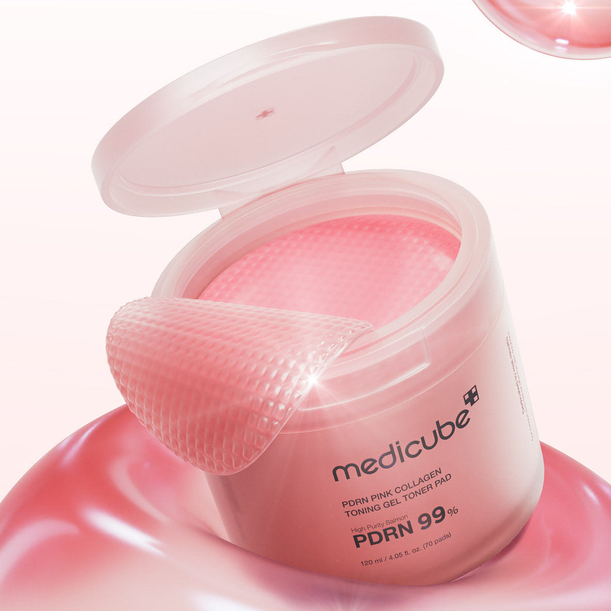 MEDICUBE PDRN Pink Collagen Toning Gel Toner Pad 70pads open container showing pink pads