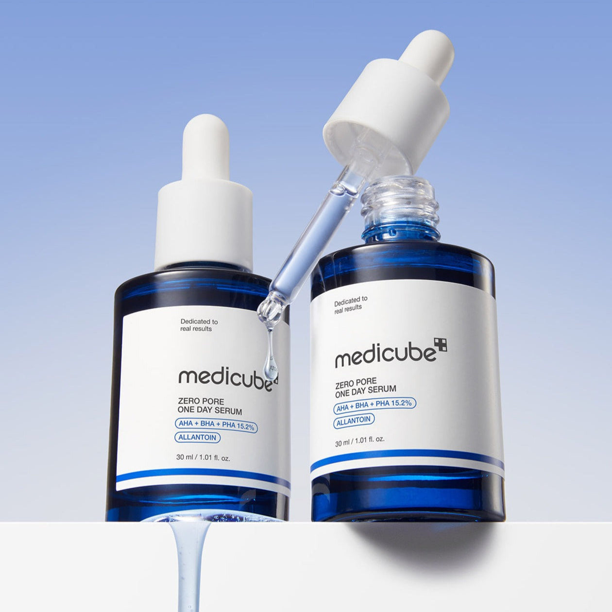 MEDICUBE Zero Pore One-Day Serum 30ml in blue bottles with dropper, skincare product for pore care.