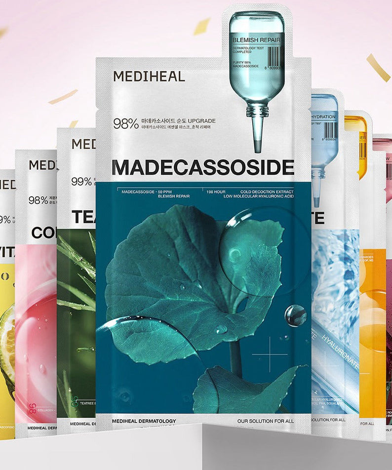 MEDIHEAL 7 Best Essential Masks showcasing vibrant, colorful packaging for skincare and hydration.