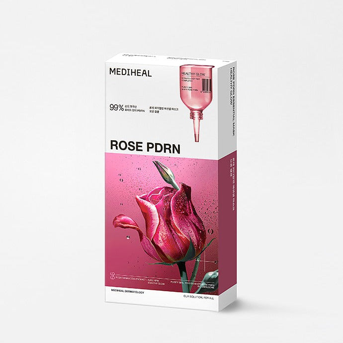 Packaging of MEDIHEAL 7 Best Essential Masks with rose design and text reading 'ROSE PDRN' in pink color theme.