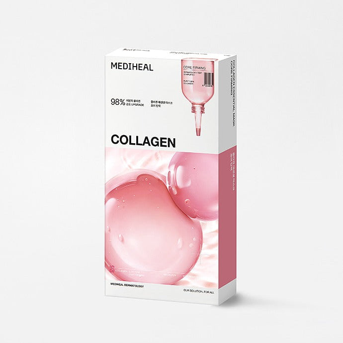 Package of MEDIHEAL Collagen mask from MEDIHEAL 7 Best Essential Masks series, featuring a pink design with collagen essence.