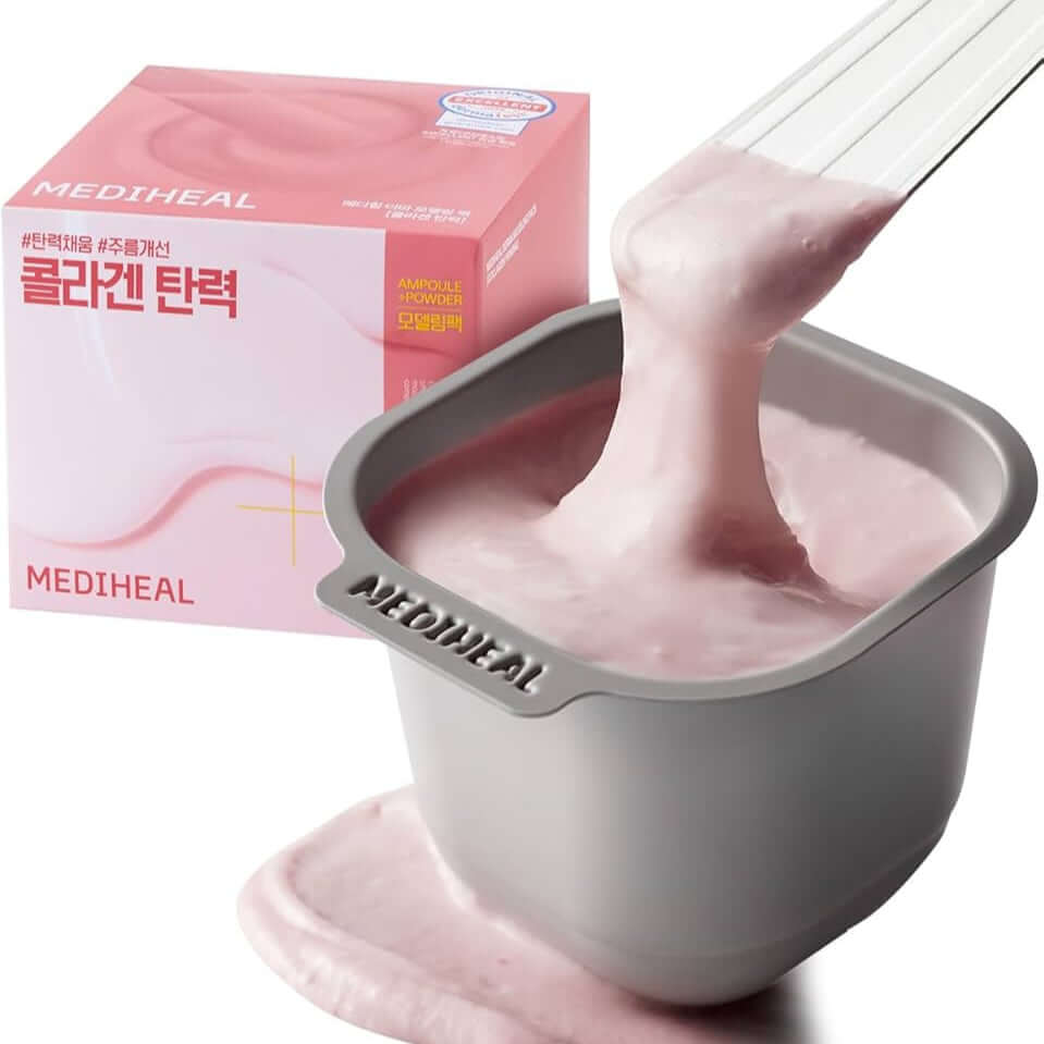 MEDIHEAL Derma Modeling Pack [Collagen Elasticity] with pink facial mask pouring into a bowl.