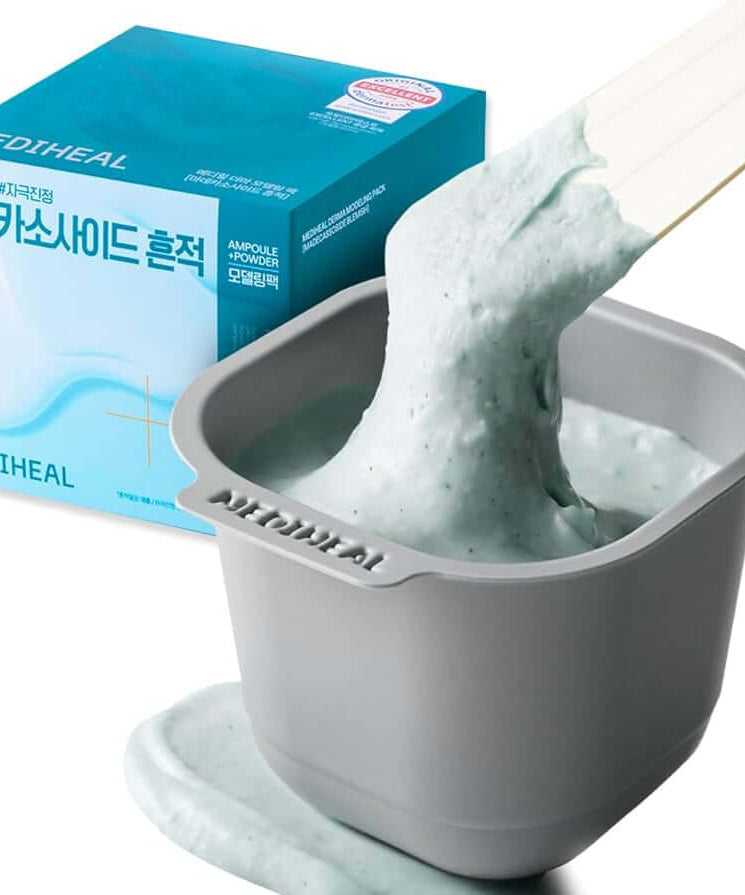 MEDIHEAL Derma Modeling Pack [Madecassoside Traces] product in a bowl with blue packaging.
