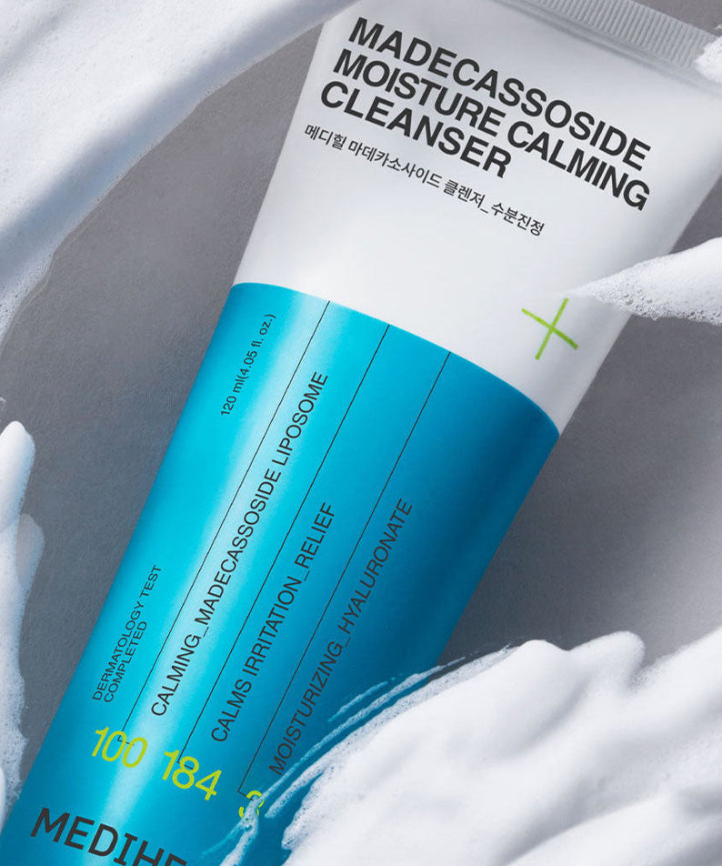 MEDIHEAL Madecassoside Cleanser 120ml tube with calming and moisturizing features displayed with foam.