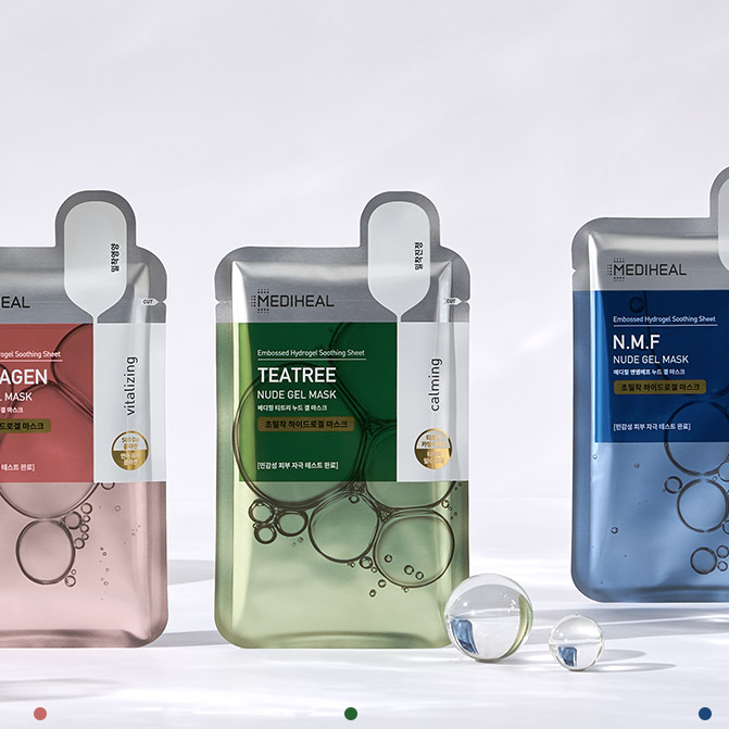 Three packages of MEDIHEAL Nude Gel Mask in different variants: Collagen, Teatree, and N.M.F, displayed beside transparent orbs.