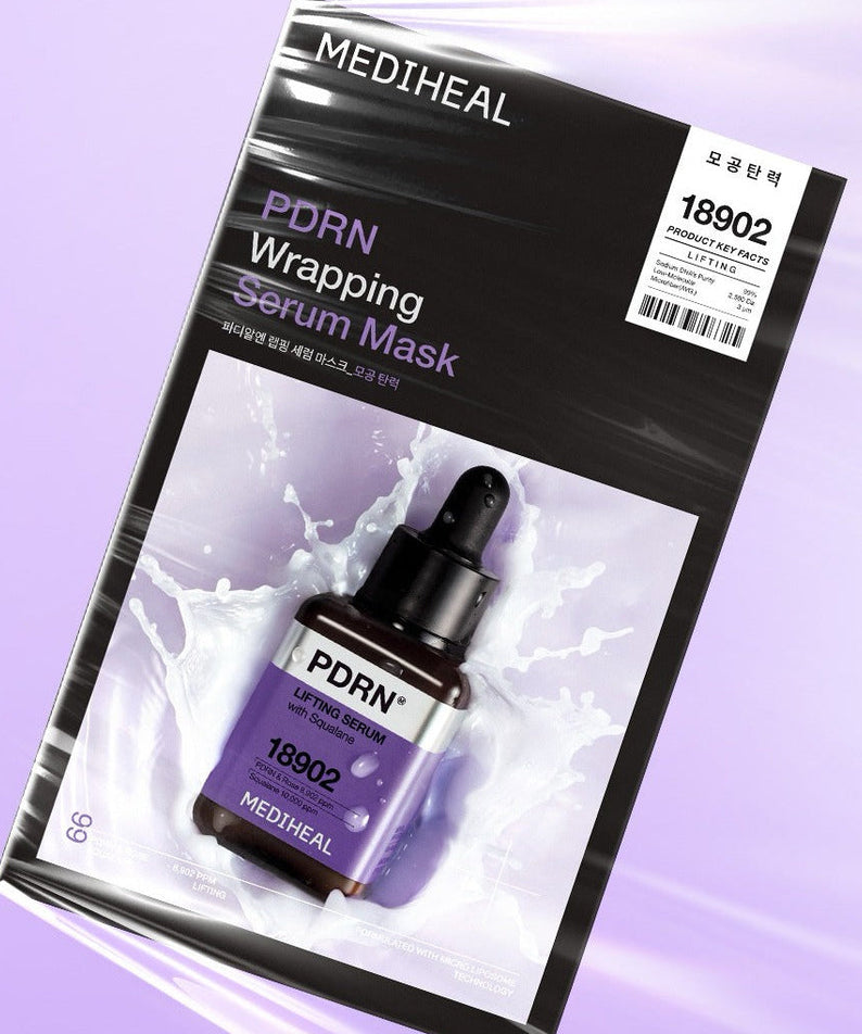 MEDIHEAL PDRN Wrapping Serum Mask Pore Elasticity10 sheets packaging with serum bottle on a purple background