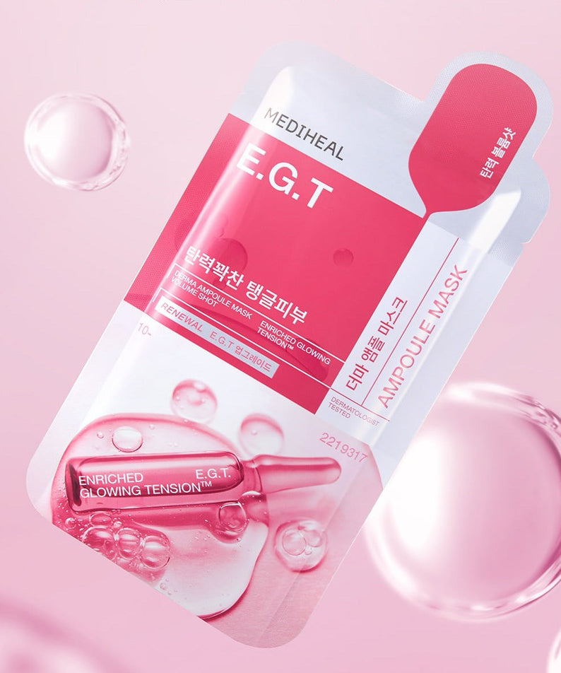 MEDIHEAL The EGT Ampoule Mask 10 sheets packaging with pink bubbles, showcasing skincare essence.