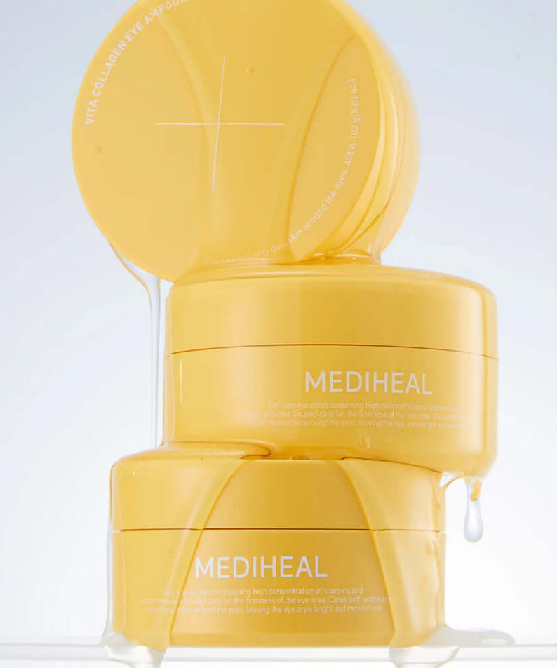 MEDIHEAL Vita Collagen Eye Ampoule Patch 60 Sheets stacked on a reflective surface with gel dripping.