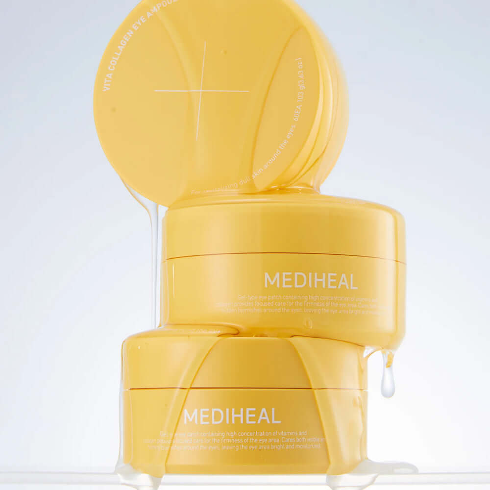 MEDIHEAL Vita Collagen Eye Ampoule Patch 60 Sheets stacked on a reflective surface with gel dripping.