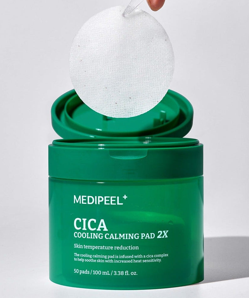 MEDIPEEL Cica Cooling Soothing Pads 2X 100ml 50 Sheets in open jar, indicating pad texture and packaging.