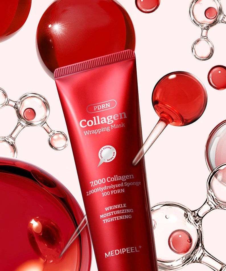 MEDIPEEL Collagen Water Glow Wrapping Mask 100ml with collagen bubbles in background