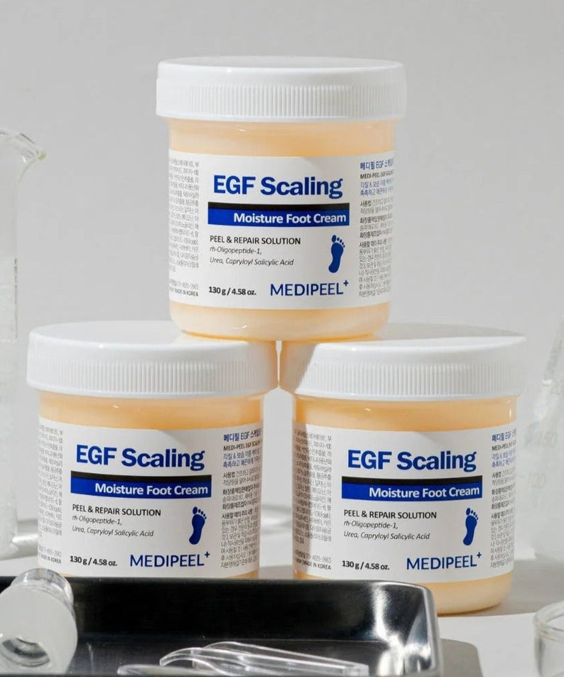 Three jars of MEDIPEEL EGF Scaling Moisture Foot Cream 130g displayed on a white surface, highlighting the product packaging.