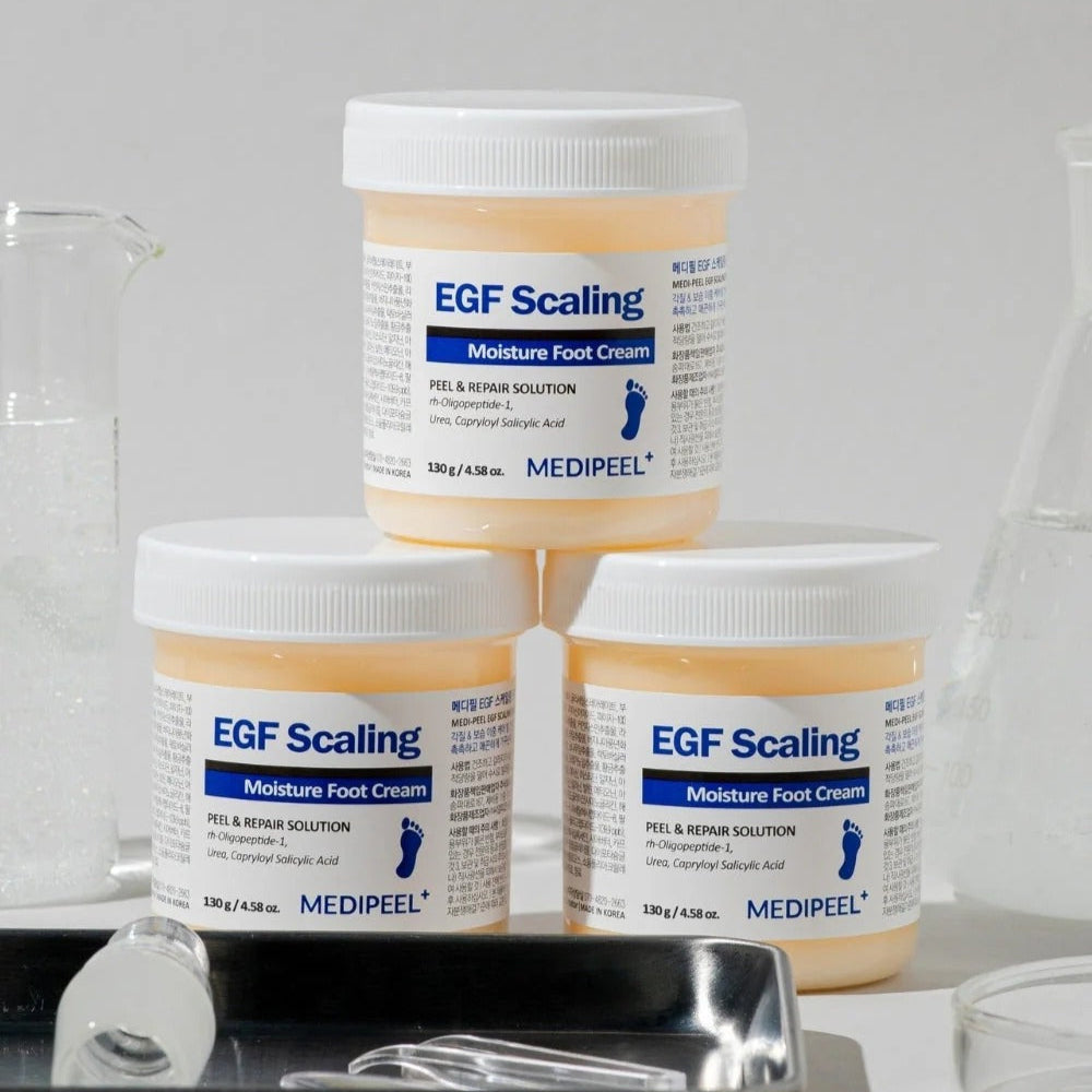 Three jars of MEDIPEEL EGF Scaling Moisture Foot Cream 130g displayed on a white surface, highlighting the product packaging.
