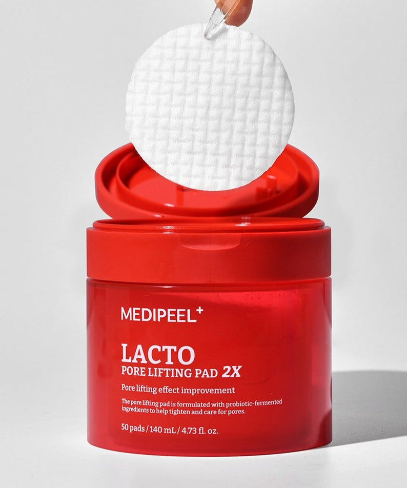 MEDIPEEL Lacto Pore Lifting Pads 2X 140ml 50 Sheets in red container with lifting pad shown above