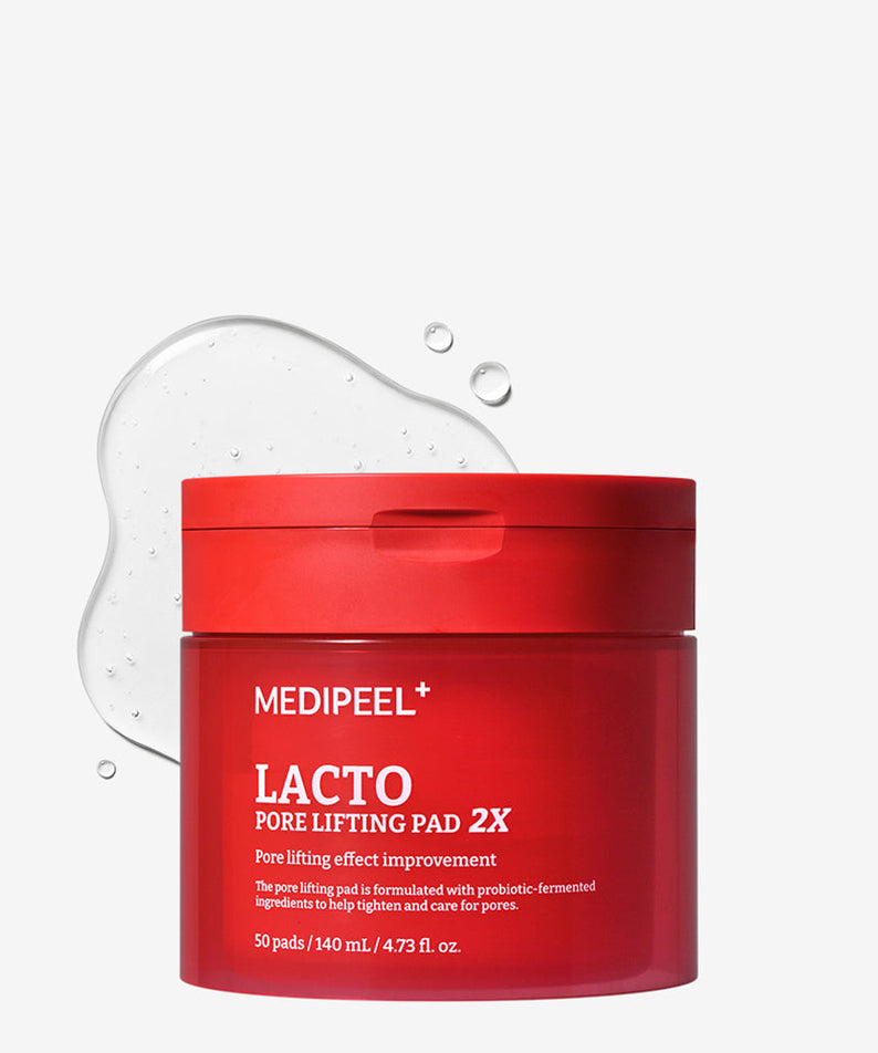 MEDIPEEL Lacto Pore Lifting Pads 2X 140ml 50 Sheets in red container with liquid splash in background.