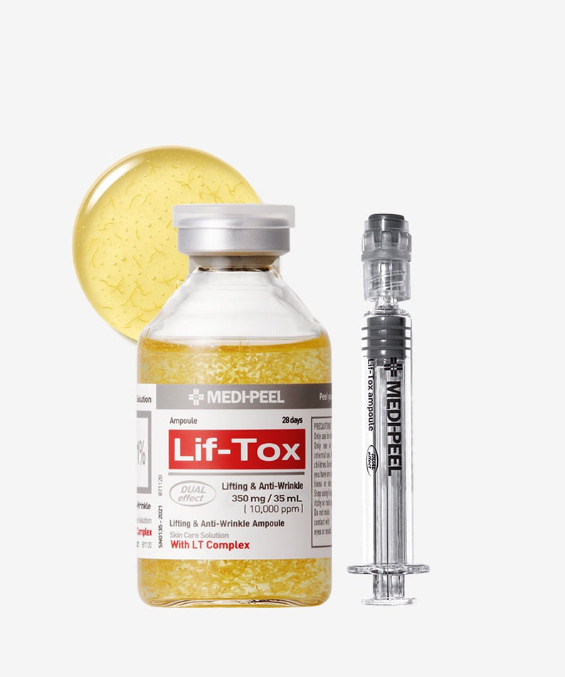MEDIPEEL Leaf Tox Ampoule 35ml lifting and anti-wrinkle product with syringe on white background.